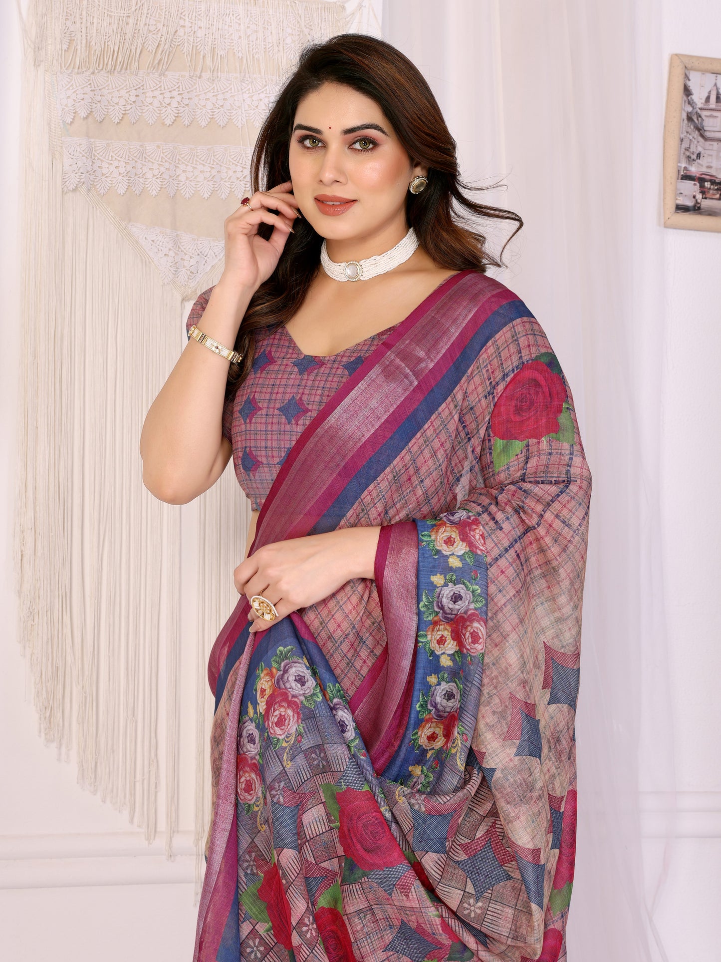 Vintage Wine Linen Cotton Saree with Romantic Rose Garden Elegance