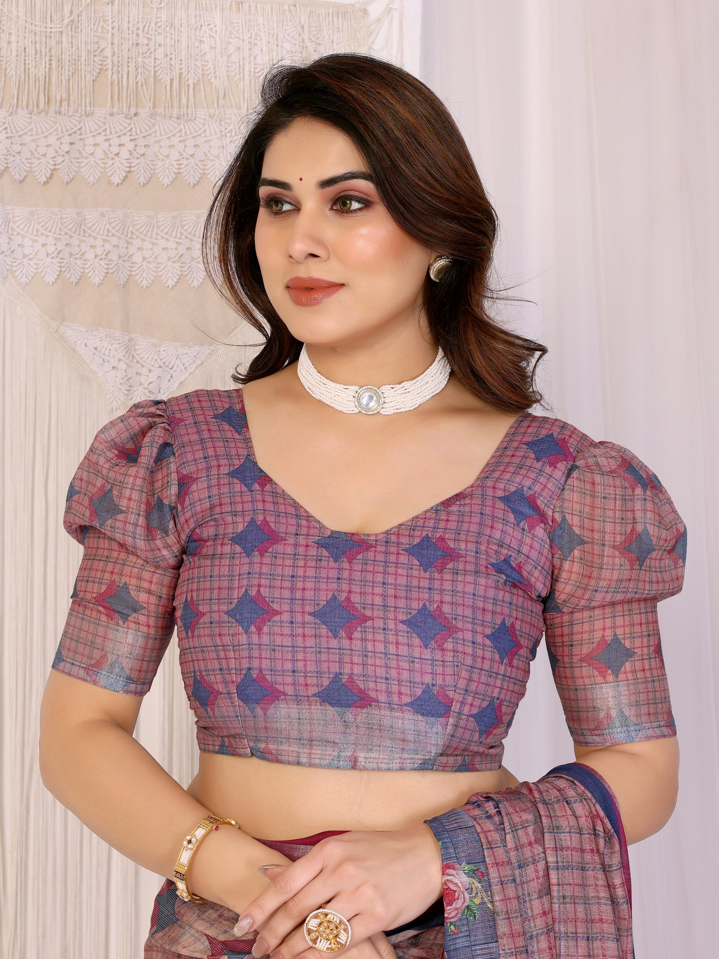 Vintage Wine Linen Cotton Saree with Romantic Rose Garden Elegance