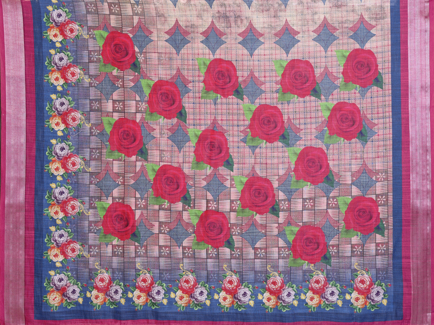 Vintage Wine Linen Cotton Saree with Romantic Rose Garden Elegance