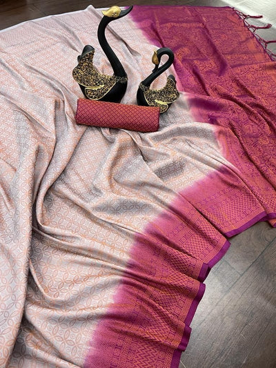 Impressive Grey Kanjivaram Silk Saree With Blooming Blouse Piece