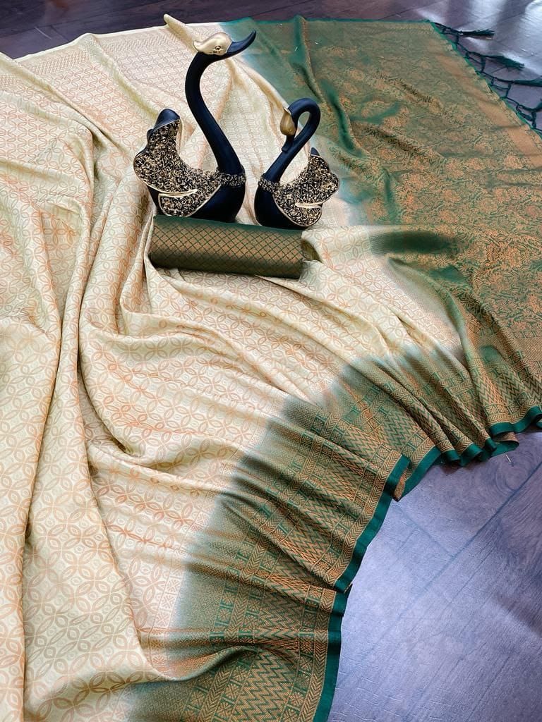 Angelic Pista Kanjivaram Silk Saree With Beleaguer Blouse Piece