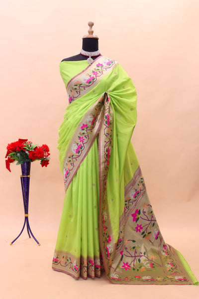 Extraordinary Parrot Paithani Silk Saree With Lovely Blouse Piece