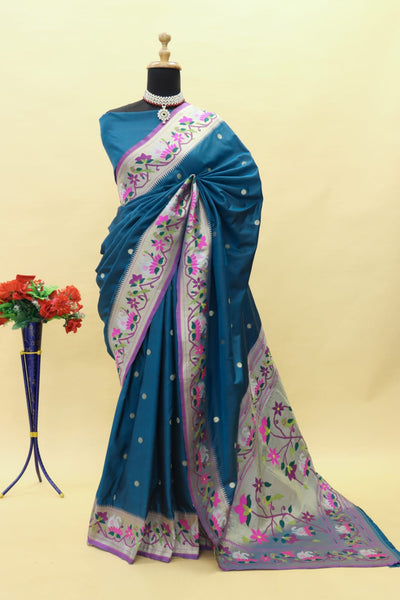Desirable Teal Blue Paithani Silk Saree With Mesmeric Blouse Piece