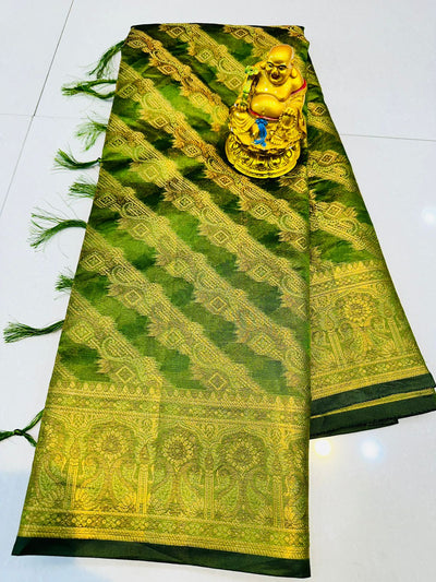 Imbrication Green Organza Silk Saree With Gratifying Blouse Piece