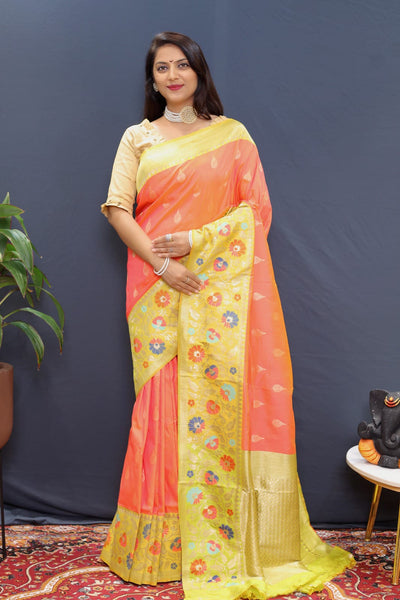 Quintessential Peach Paithani Silk Saree With Radiant Blouse Piece