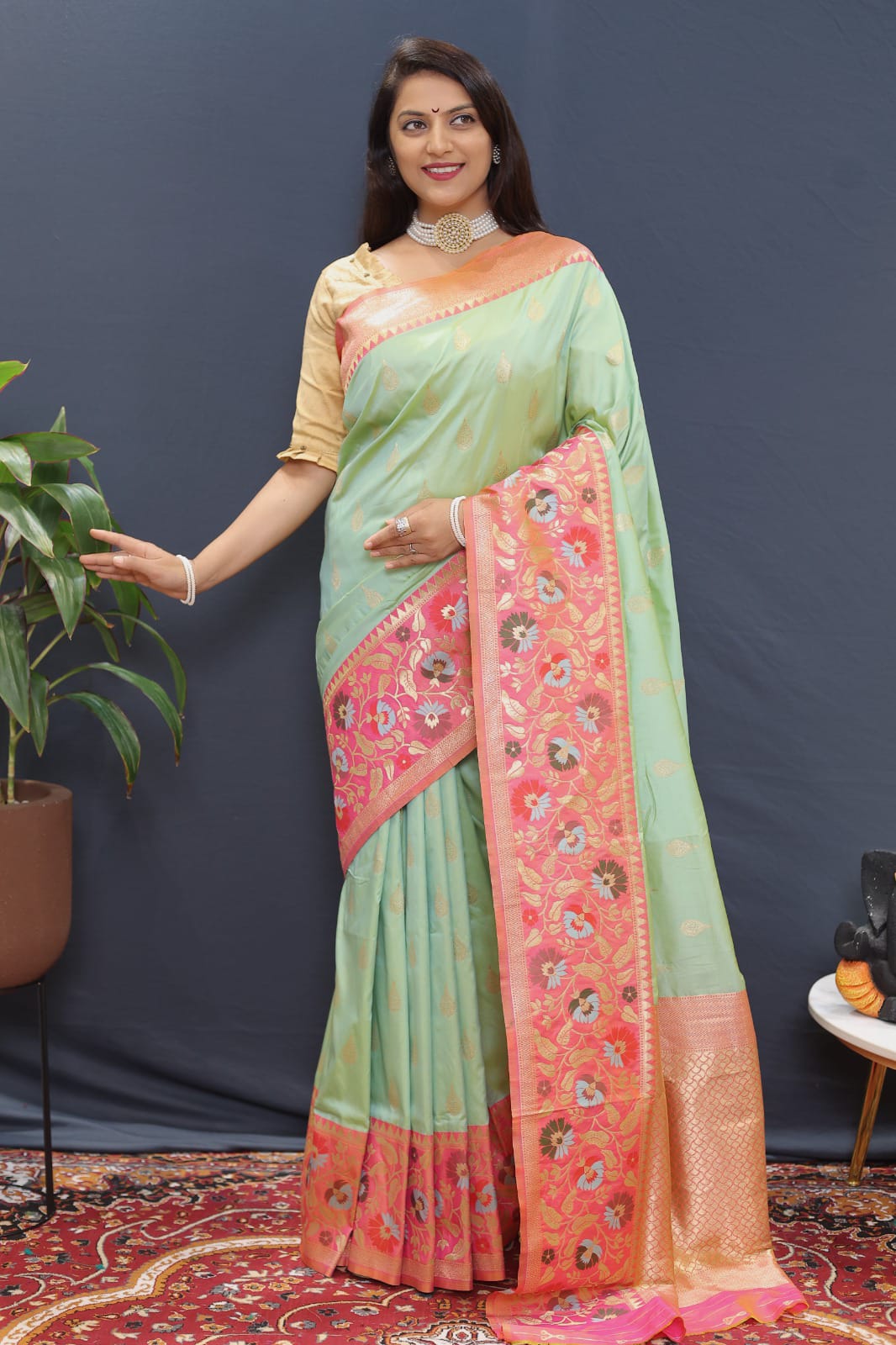 Efflorescence Pista Paithani Silk Saree With Seraphic Blouse Piece