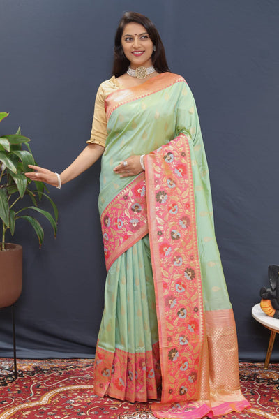 Efflorescence Pista Paithani Silk Saree With Seraphic Blouse Piece