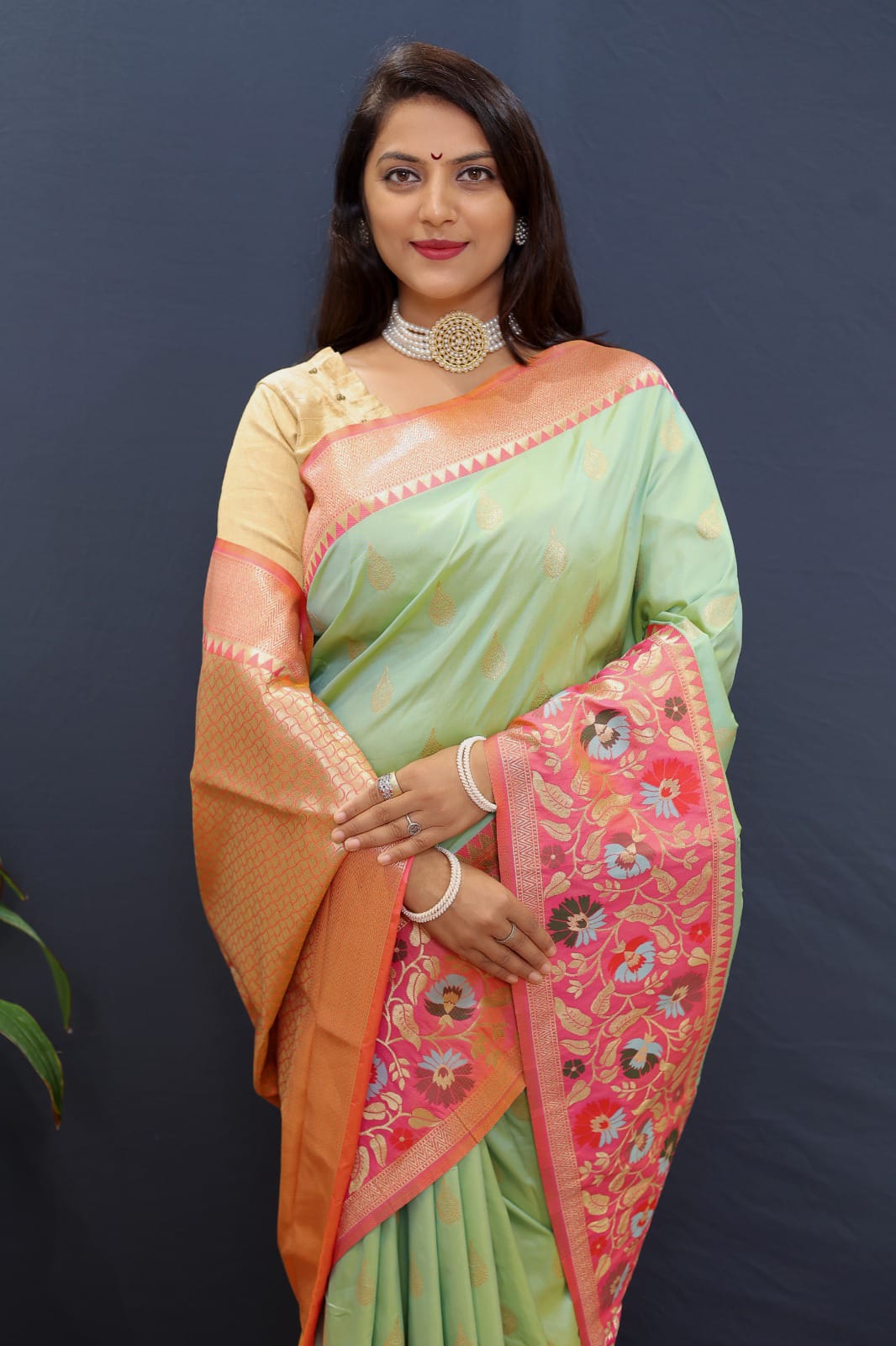 Efflorescence Pista Paithani Silk Saree With Seraphic Blouse Piece
