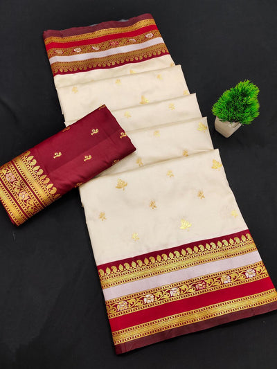 Piquant Off White Soft Banarasi Silk Saree With Quixotic Blouse Piece