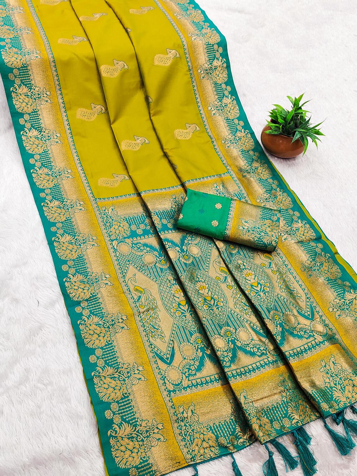 Wonderful Mustard Paithani Silk Saree With Petrichor Blouse Piece