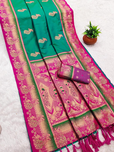 Efflorescence Sea Green Paithani Silk Saree With Eclat Blouse Piece
