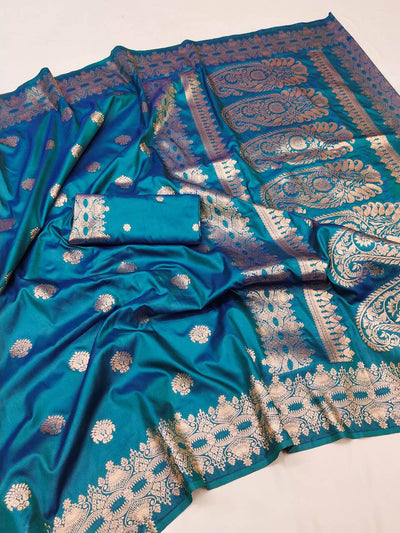 Gorgeous Firozi Soft Banarasi Silk Saree With Efflorescence Blouse Piece