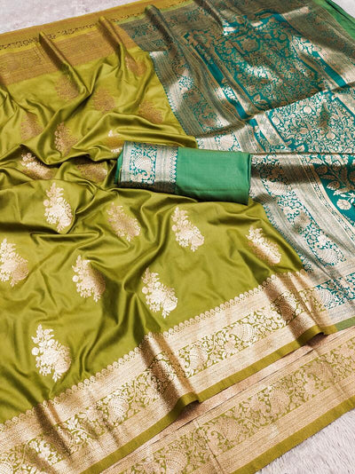 Phenomenal Mehndi Soft Banarasi Silk Saree With Scintillating Blouse Piece
