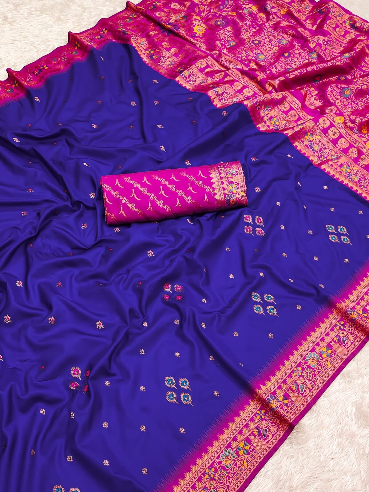 Fancifull Royal Blue Soft Banarasi Silk Saree With Comely Blouse Piece