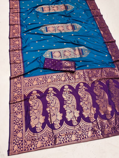 Beauteous Firozi Soft Banarasi Silk Saree With Imaginative Blouse Piece