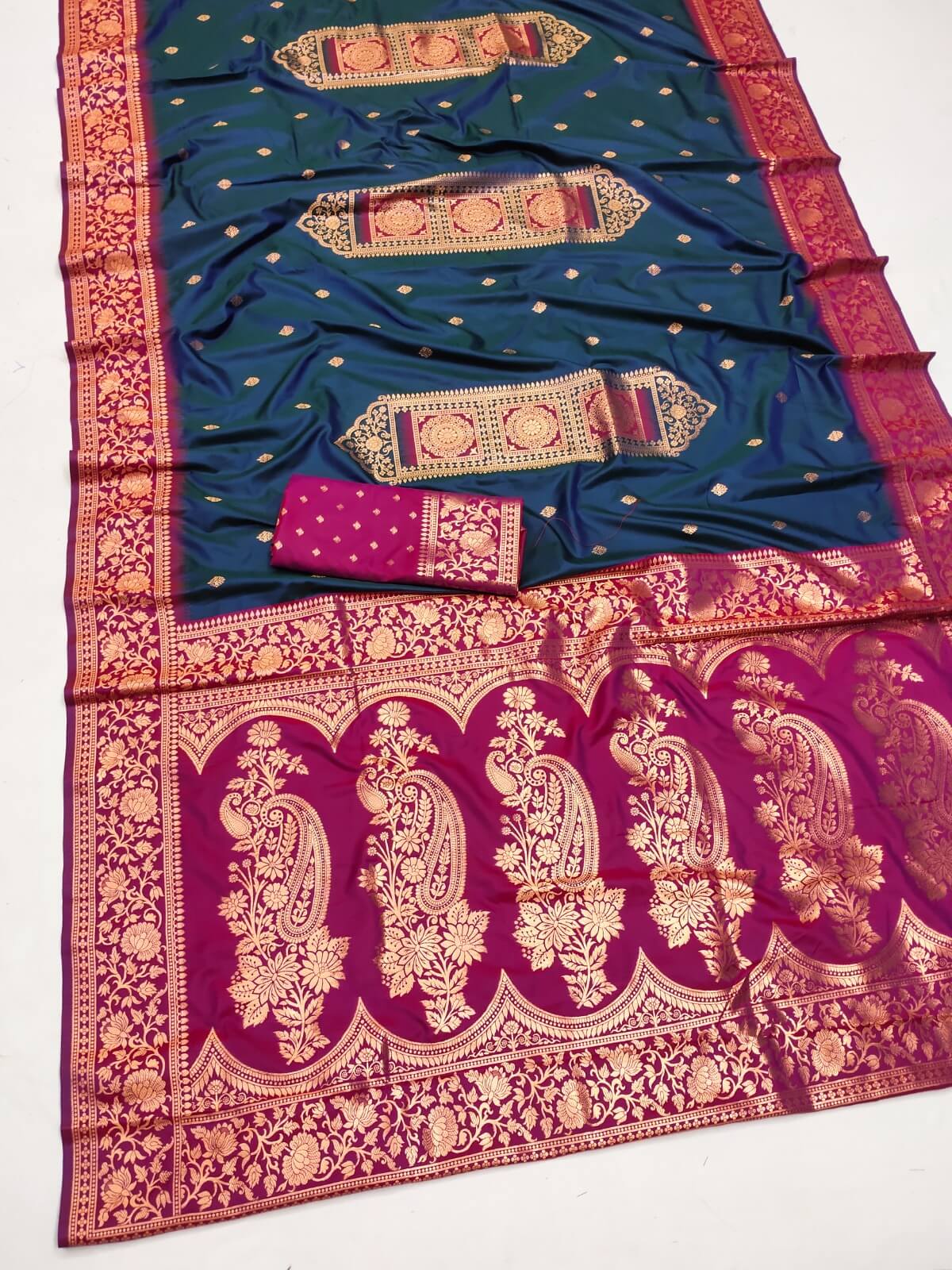 Propinquity Rama Soft Banarasi Silk Saree With Cynosure Blouse Piece
