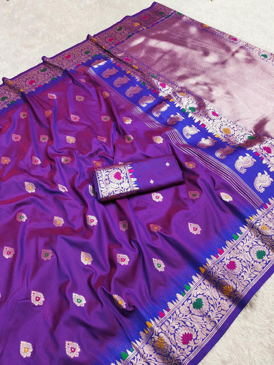 Intricate Royal Purple Soft Banarasi Silk Saree With Panoply Blouse Piece