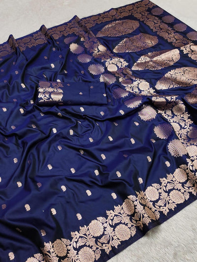 Embrocation Navy Blue Soft Banarasi Silk Saree With Ailurophile Blouse Piece