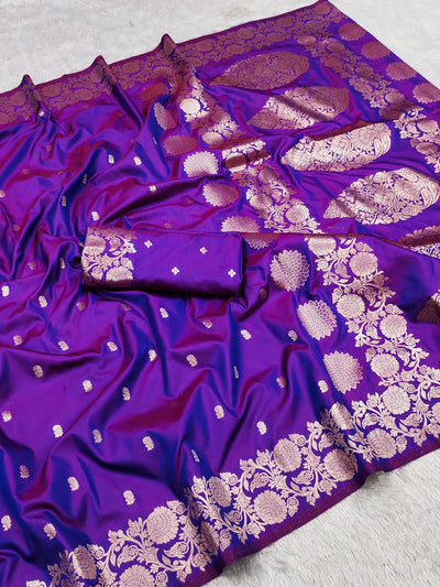Enamoring Royal Purple Soft Banarasi Silk Saree With Nebula Blouse Piece