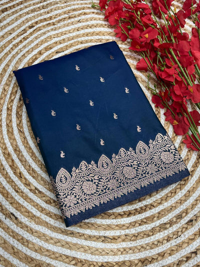 Vibrant Navy Blue Soft Banarasi Silk Saree With Efflorescence Blouse Piece