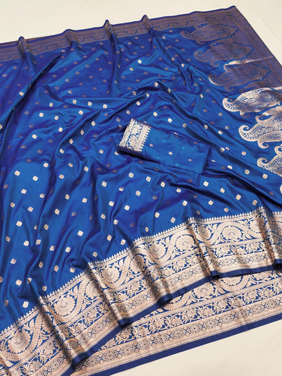 Petrichor Blue Soft Banarasi Silk Saree With Glorious Blouse Piece