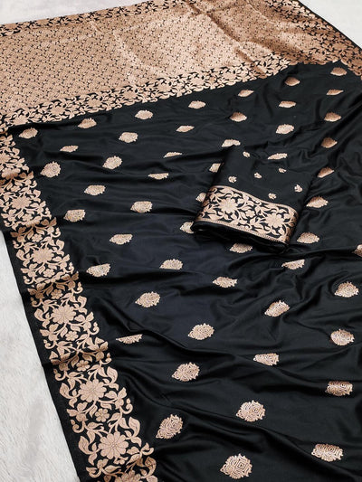 Glittering Black Soft Banarasi Silk Saree With Tantalizing Blouse Piece