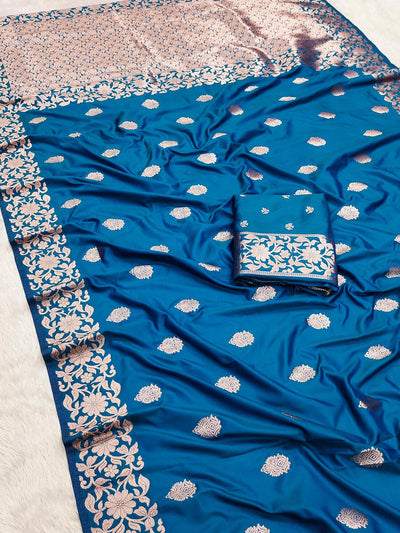 Flattering Firozi Soft Banarasi Silk Saree With Desuetude Blouse Piece