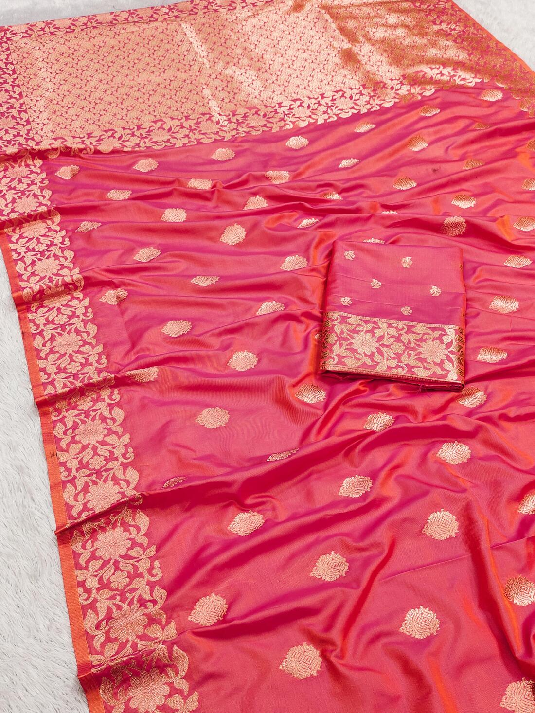 Amazing Pink Soft Banarasi Silk Saree With Sonorous Blouse Piece