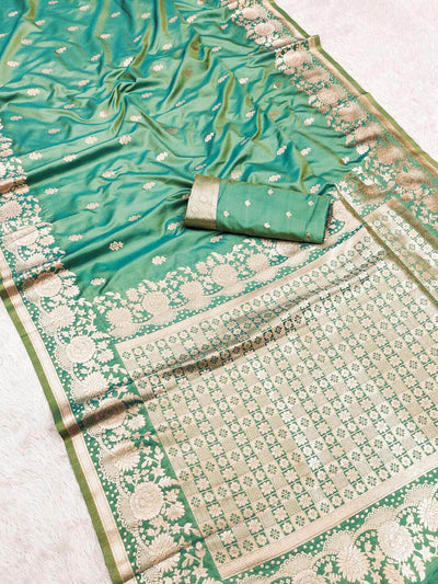 Attractive Sea Green Soft Banarasi Silk Saree With Snazzy Blouse Piece