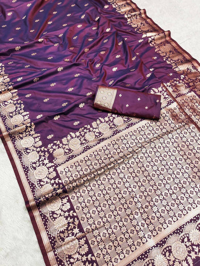 Classy Wine Soft Banarasi Silk Saree With Precious Blouse Piece