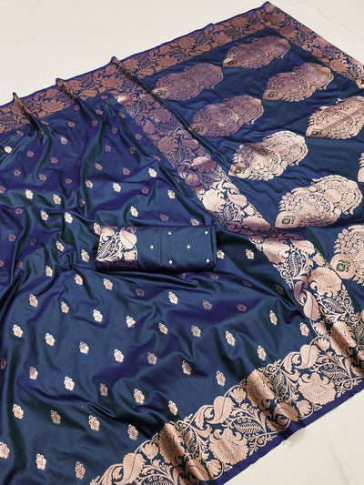 Invaluable Navy Blue Soft Banarasi Silk Saree With Beleaguer Blouse Piece