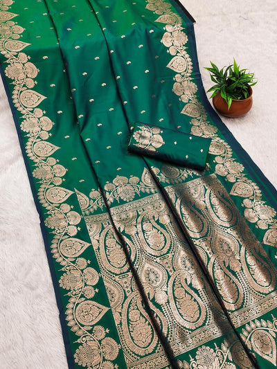 Angelic Dark Green Soft Banarasi Silk Saree With Exquisite Blouse Piece