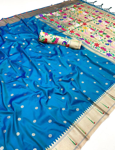 Nebula Blue Paithani Silk Saree With Deserving Blouse Piece