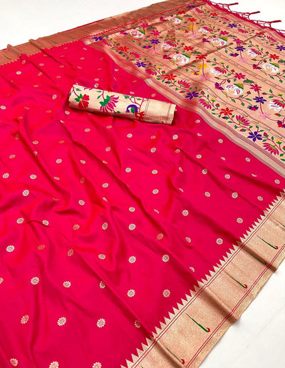 Enamoring Red Paithani Silk Saree With Super classy Blouse Piece