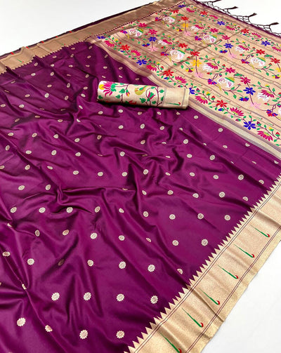 Adoring Wine Paithani Silk Saree With Desiring Blouse Piece