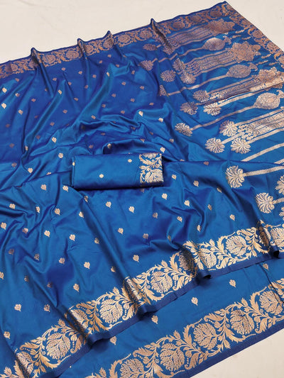 Glamorous Blue Soft Banarasi Silk Saree With Moiety Blouse Piece