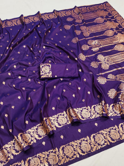Ethereal Royal Purple Soft Banarasi Silk Saree With Glittering Blouse Piece