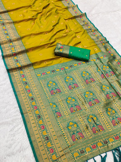 Alluring Mustard Paithani Silk Saree With Staggering Blouse Piece