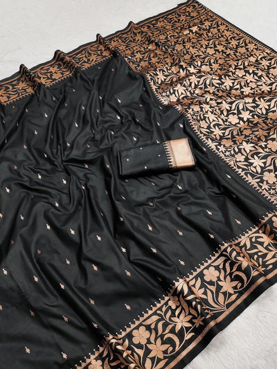 Posh Black Soft Banarasi Silk Saree With Elision Blouse Piece