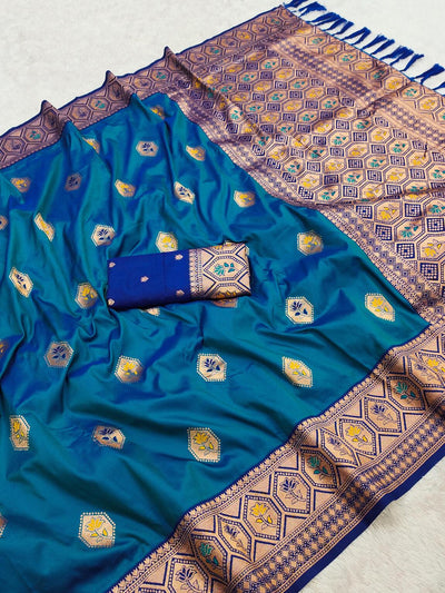 Embellished Blue Soft Banarasi Silk Saree With Flamboyant Blouse Piece