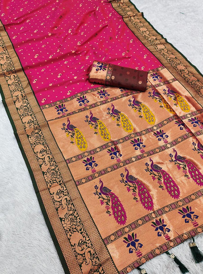 Ebullience Dark Pink Paithani Silk Saree With Pulsating Blouse Piece