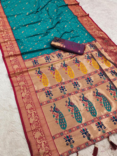 Conflate Firozi Paithani Silk Saree With Serendipity Blouse Piece