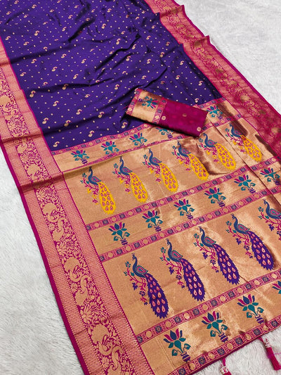 Surpassing Navy Blue Paithani Silk Saree With Classy Blouse Piece