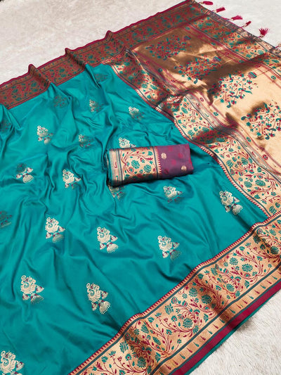 Phenomenal Firozi Paithani Silk Saree With Dulcet Blouse Piece