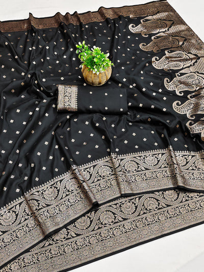 Embellished Black Soft Banarasi Silk Saree With Radiant Blouse Piece