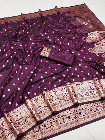 Enamoring Wine Soft Banarasi Silk Saree With Tantalizing Blouse Piece