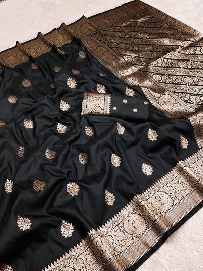 Entrancing Black Soft Banarasi Silk Saree With Stunner Blouse Piece
