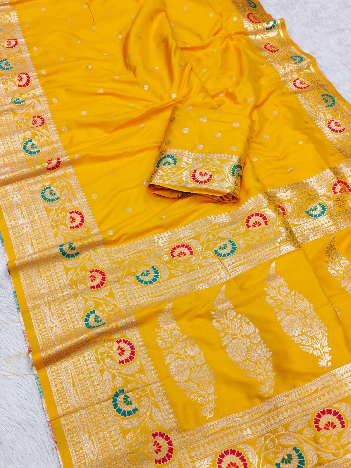 Energetic Yellow Soft Banarasi Silk Saree With Flaunt Blouse Piece