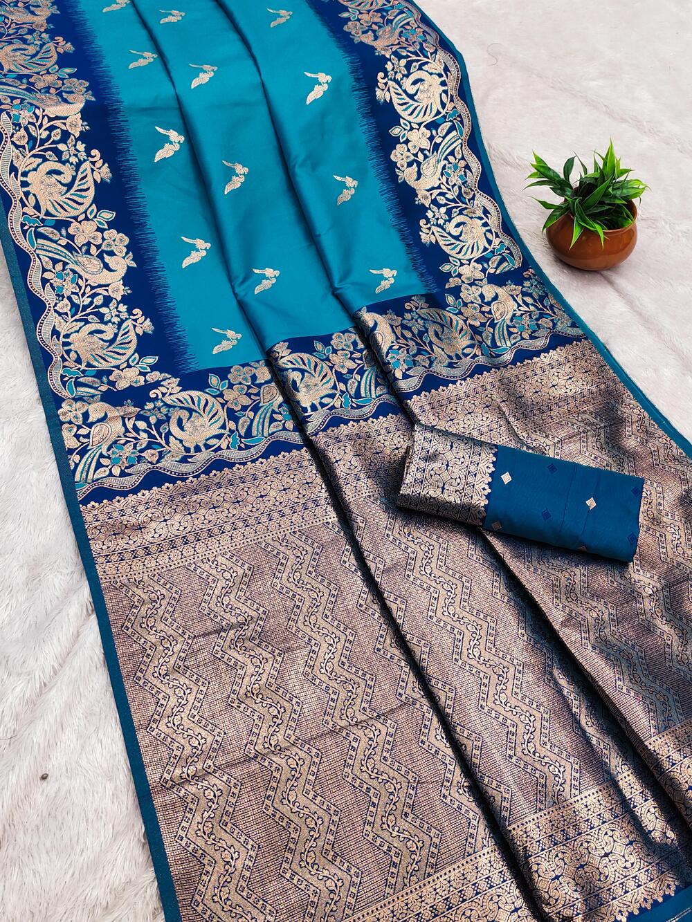 Groovy Firozi Soft Banarasi Silk Saree With Embellished Blouse Piece