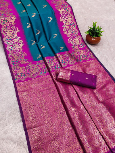 Fantabulous Rama Soft Banarasi Silk Saree With Demure Blouse Piece